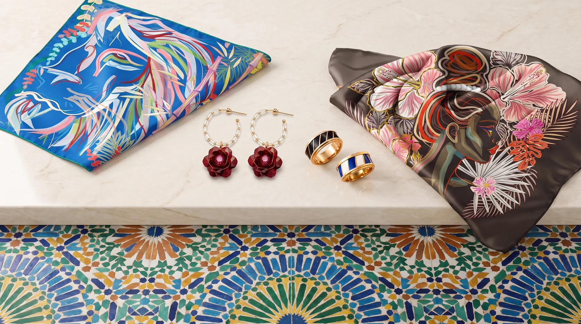 Foulard e bijoux NinaMoire sul marmo